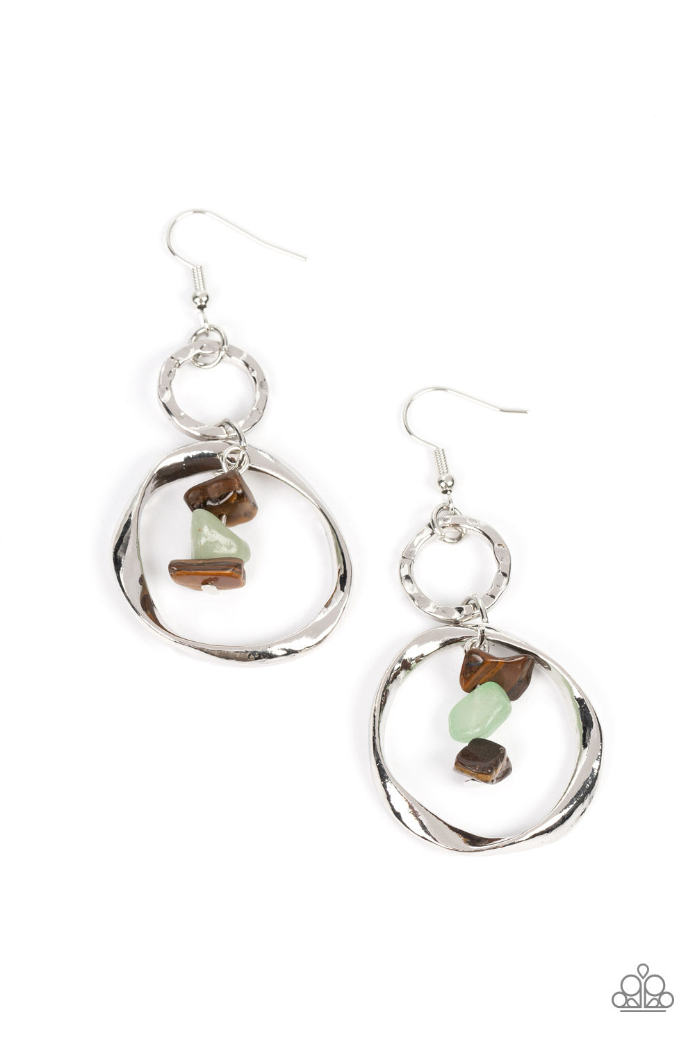 Good-Natured Spirit - Brown Tiger's Eye & Jade Pebble Silver Earring Paparazzi E1618