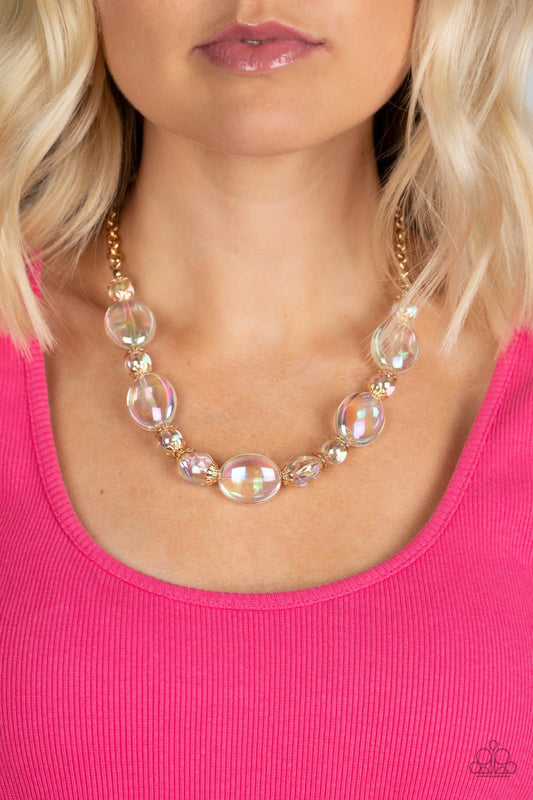 Prismatic Magic - Gold Chain Bubbly Iridescent Bead Necklace Paparazzi N1326