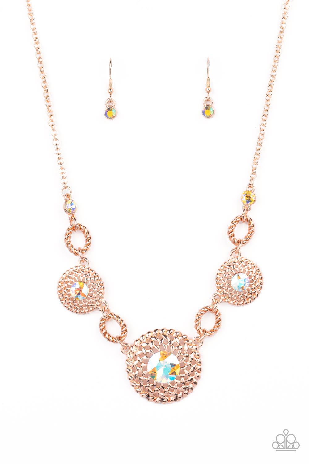 Cosmic Cosmos - Multi Iridescent Rhinestone Rose Gold Necklace Paparazzi N1107