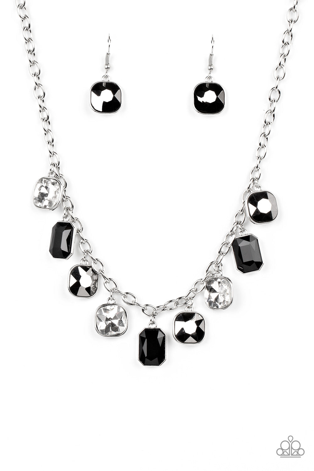 Best Decision Ever - Silver, Hematite, Black And White Rhinestone Fringe Necklace Paparazzi N1148