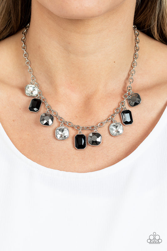 Best Decision Ever - Silver, Hematite, Black And White Rhinestone Fringe Necklace Paparazzi N1148