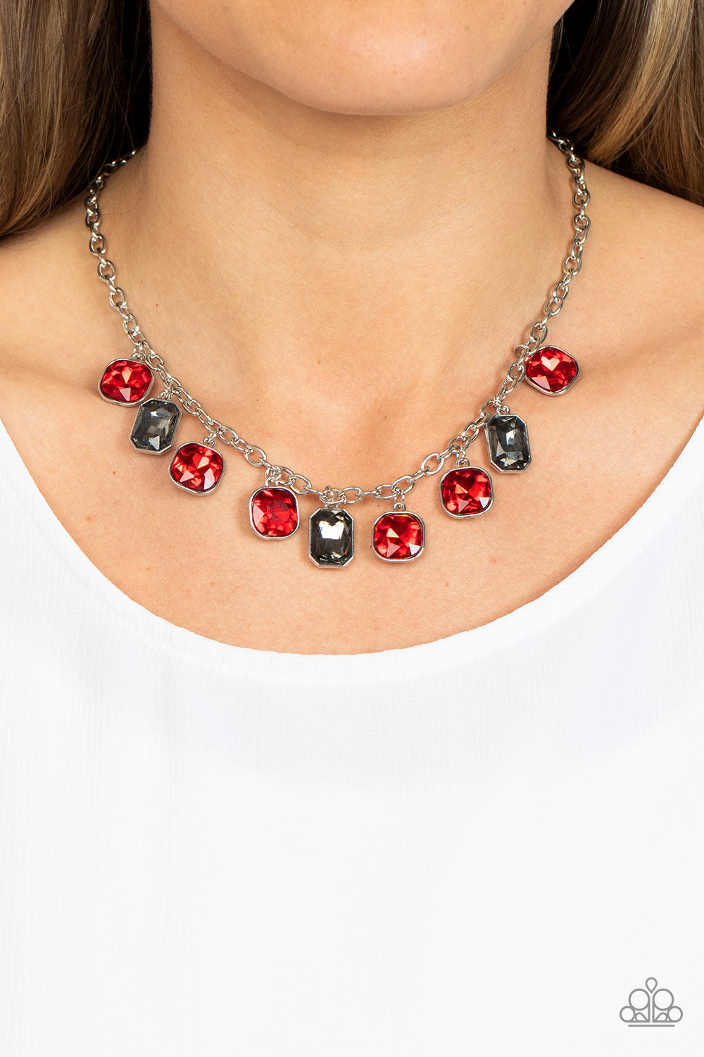 Best Decision Ever - Red & Smoky Rhinestone Fringe Necklace Paparazzi N1220