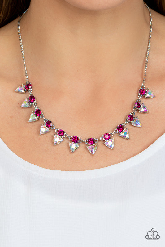 Razor-Sharp Refinement - Pink Rhinestone And Iridescent Gem Necklace N1143