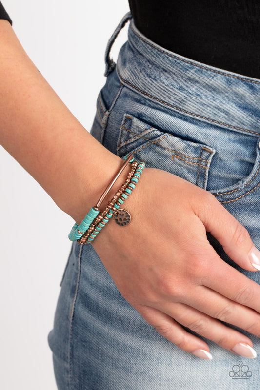 Terraform Trendsetter - Copper Bead And Turquoise Stone Santa Fe Style Stretch Bracelet Paparazzi B0686