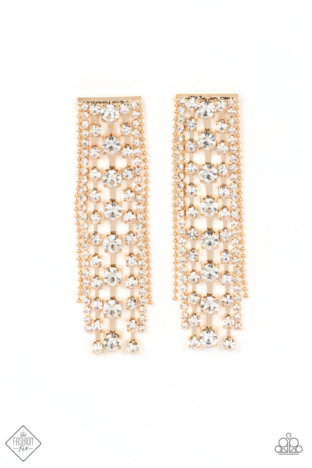 Starry Streamers - Gold Chain White Rhinestone Chandelier Earring Fashion Fix July 2022 Paparazzi E0817