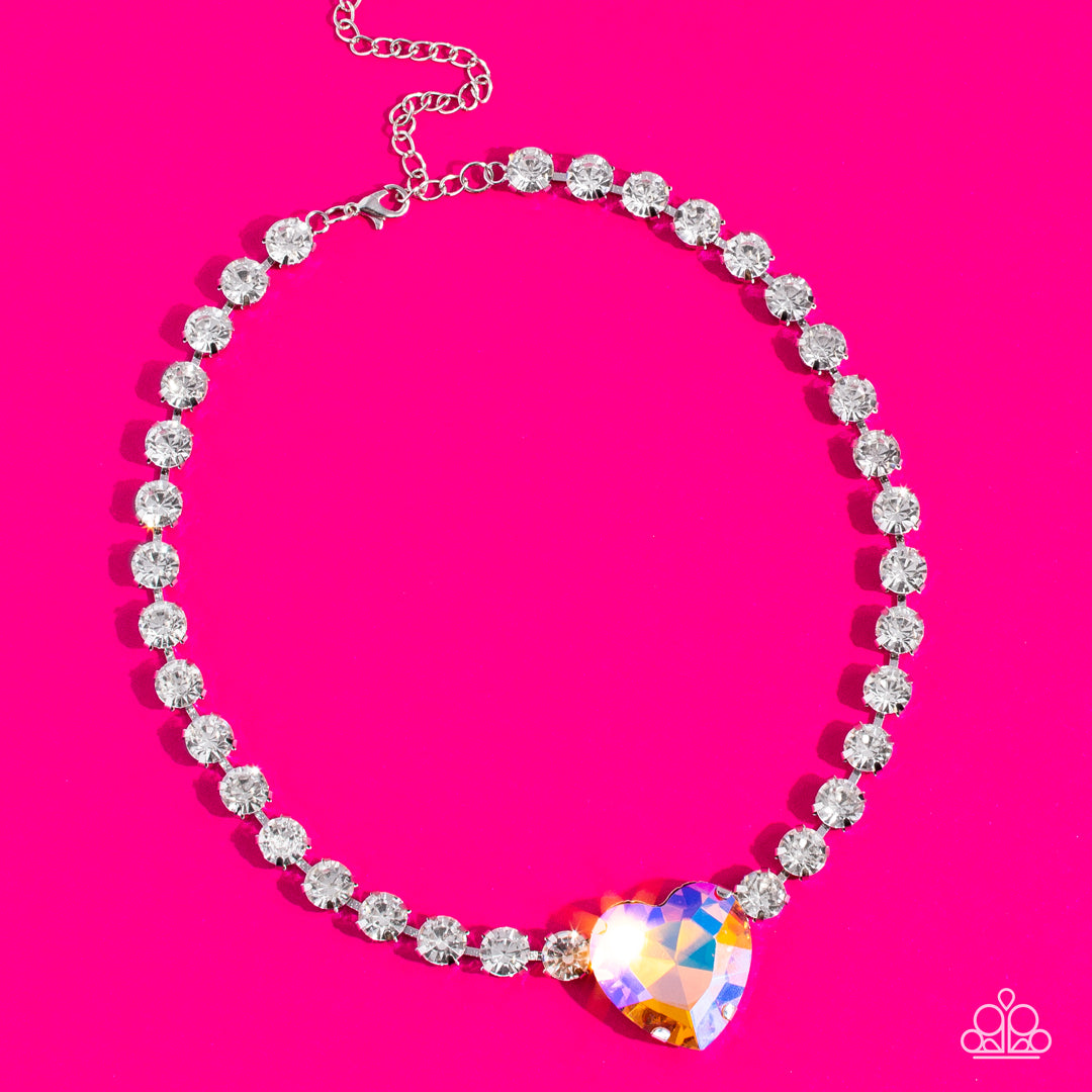 Heart in My Throat - Orange Iridescent Heart Gem White Rhinestone Choker Necklace Life Of The Party October 2022 N1153