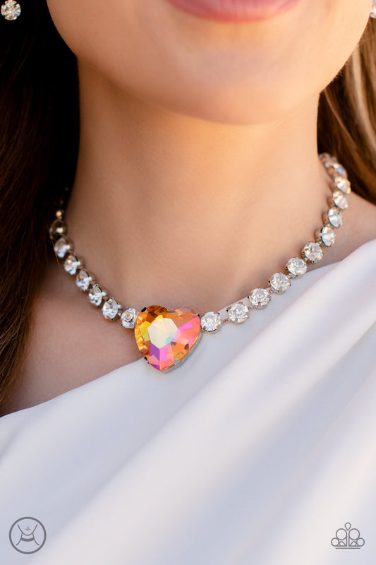 Heart in My Throat - Orange Iridescent Heart Gem White Rhinestone Choker Necklace Life Of The Party October 2022 N1153