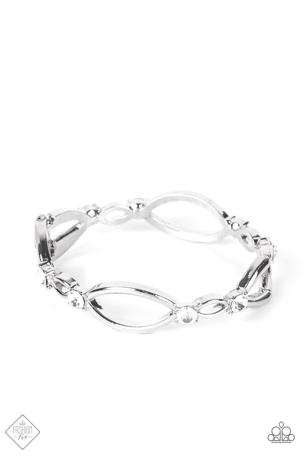 Interwoven Illusion - White Rhinestone Silver Hinge Bracelet Fashion Fix Paparazzi June 2022 B0567