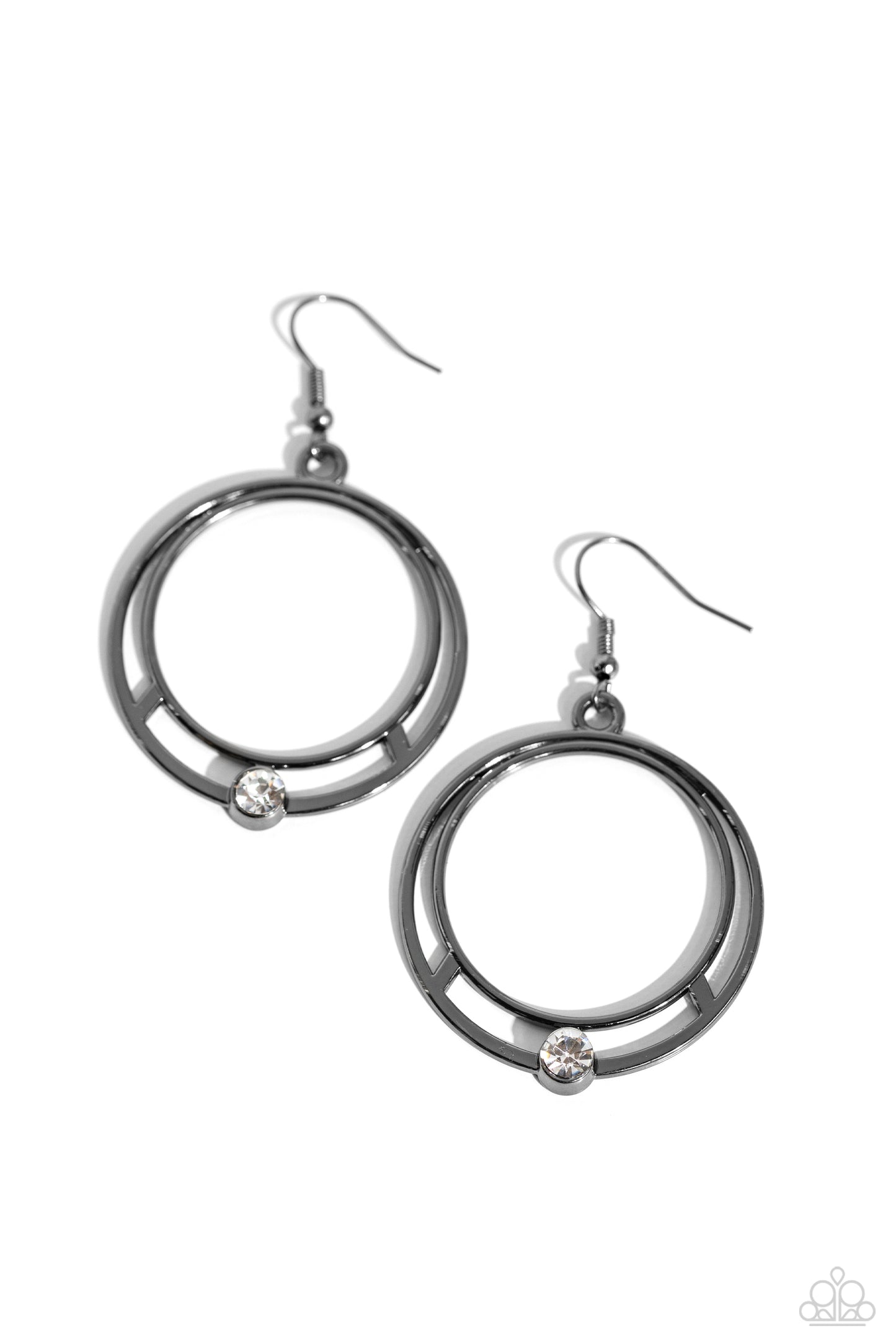 Refined Rotation - Black Gunmetal Frame & Solitaire White Rhinestone Earring Paparazzi E1814