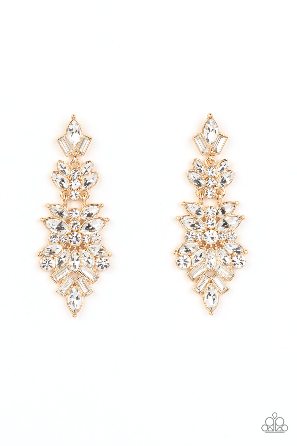 Frozen Fairytale - Gold White Rhinestone Earring Paparazzi E0786