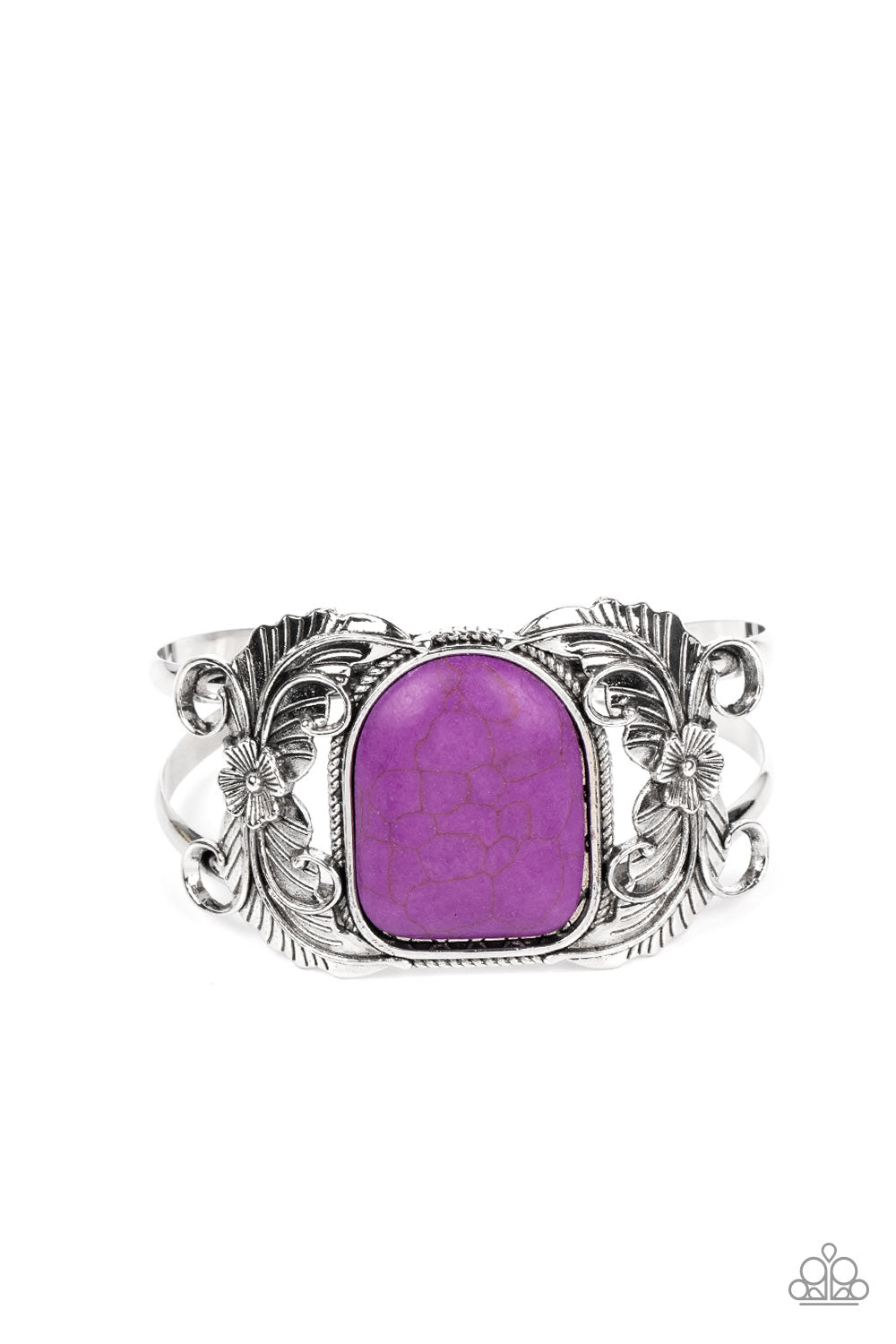 Dune Garden - Purple Stone Silver Floral Santa Fe Style Cuff Bracelet Paparazzi B1366