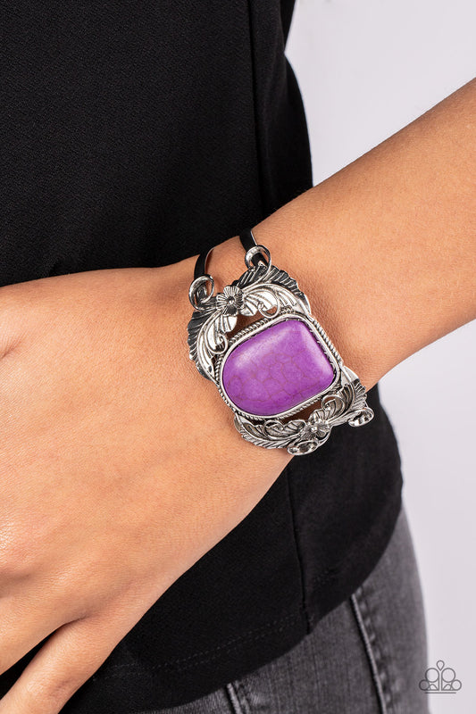 Dune Garden - Purple Stone Silver Floral Santa Fe Style Cuff Bracelet Paparazzi B1366