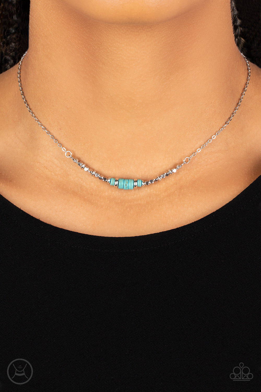 Retro Rejuvenation - Blue Turquoise Stone Discs Silver Bead Choker Necklace Paparazzi N1057