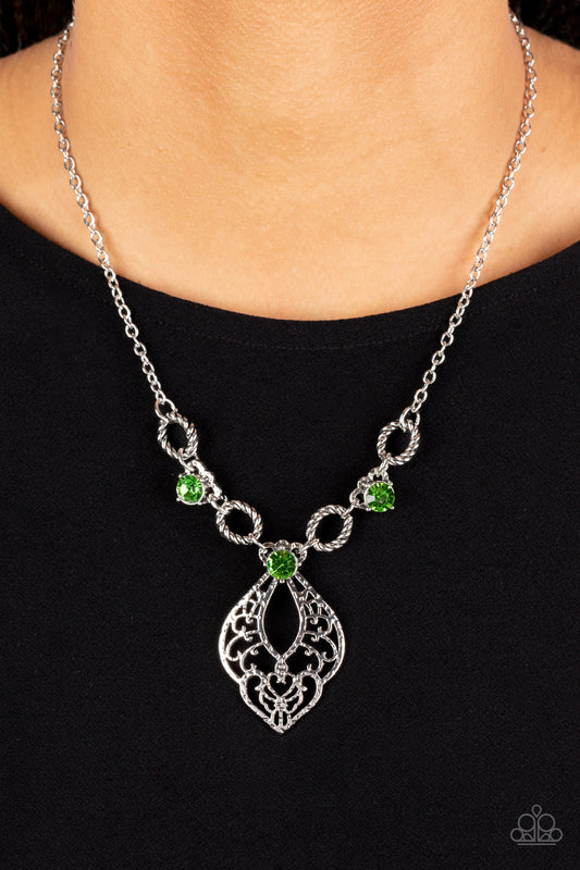 Contemporary Connections - Green Rhinestone Filigree Necklace Paparazzi N0998