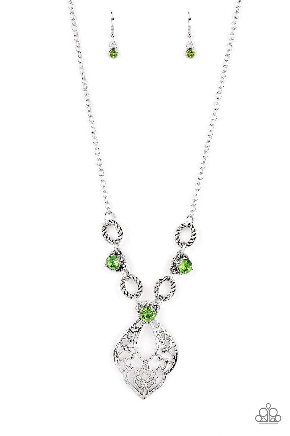 Contemporary Connections - Green Rhinestone Filigree Necklace Paparazzi N0998