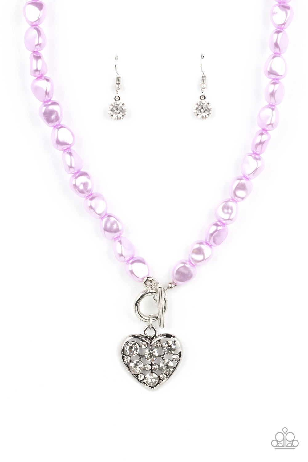 Color Me Smitten - Purple Pearly Bead White Rhinestone Silver Heart Necklace Paparazzi N1602