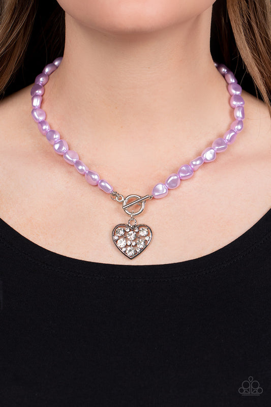 Color Me Smitten - Purple Pearly Bead White Rhinestone Silver Heart Necklace Paparazzi N1602