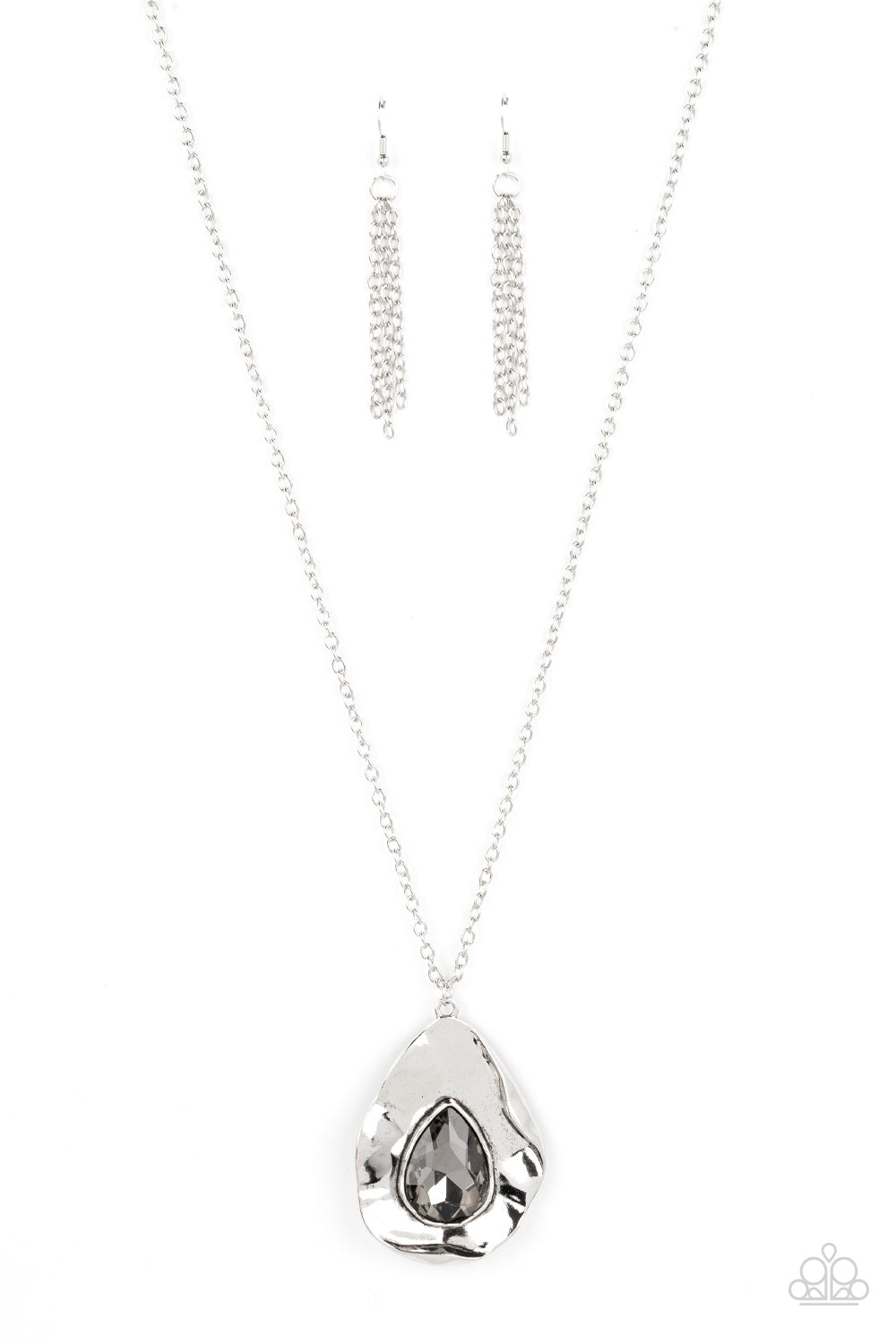 Surrealist Sparkle - Silver Warped Frame Smoky Teardrop Necklace Paparazzi N1469