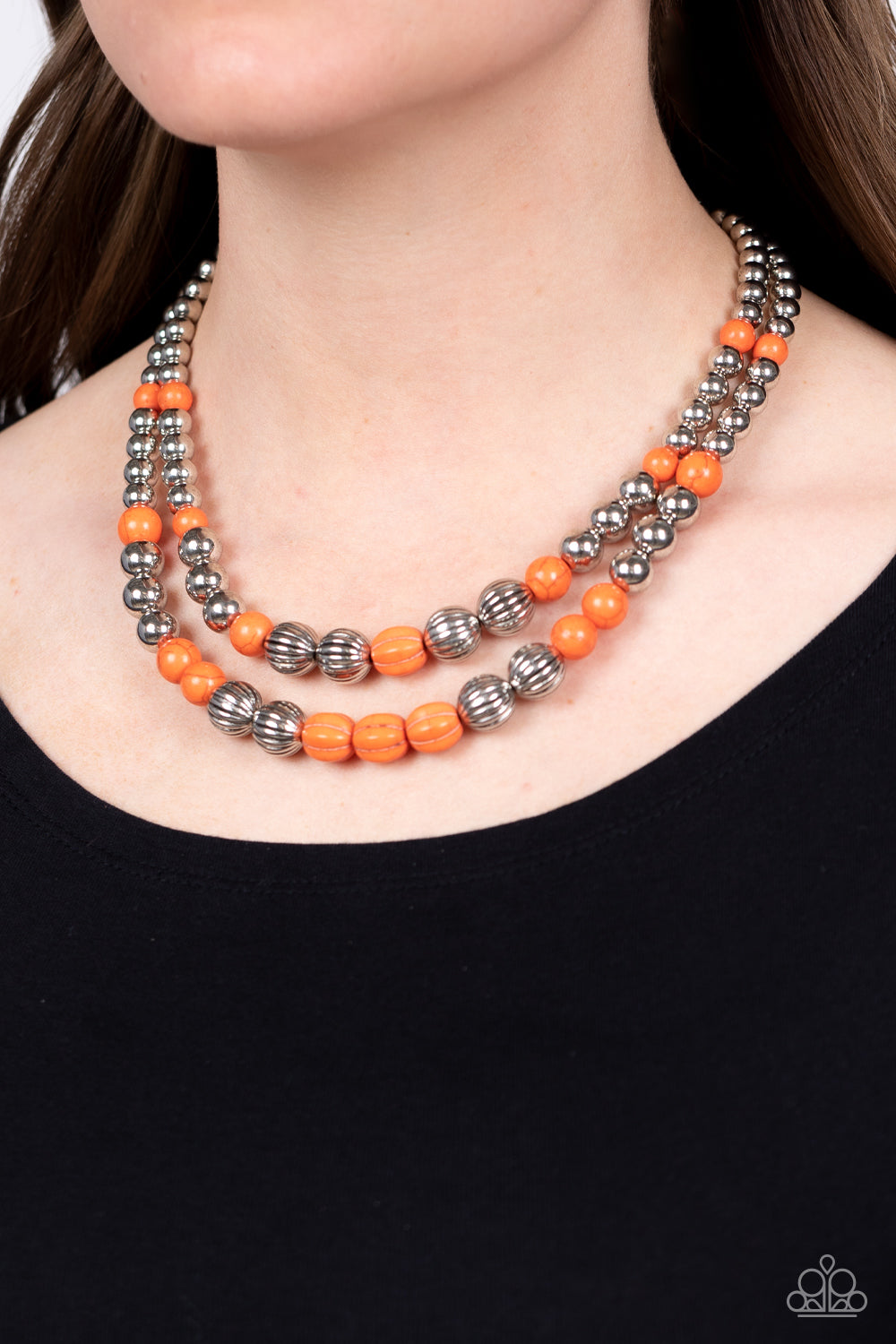 Country Road Trip - Orange Stone & Faux Stone Santa Fe Style Necklace Paparazzi N1593