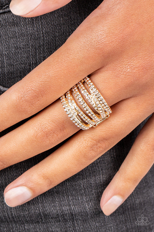 Knock-Out Opulence - Gold White Rhinestone Ring Paparazzi R0347