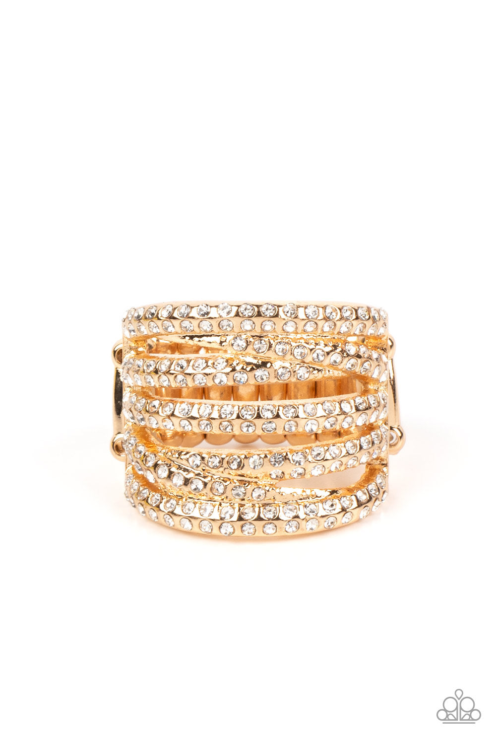 Knock-Out Opulence - Gold White Rhinestone Ring Paparazzi R0347