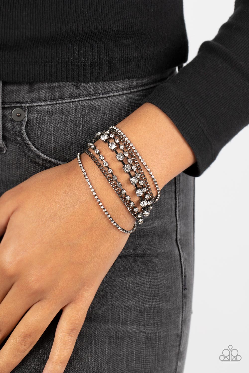 Interstellar Interlude - Black Gun Metal Chain White Rhinestone Bracelet Paparazzi B0657