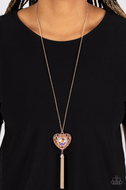 Prismatic Passion - Rose Gold Heart Iridescent Peach Gem Necklace Paparazzi N1110