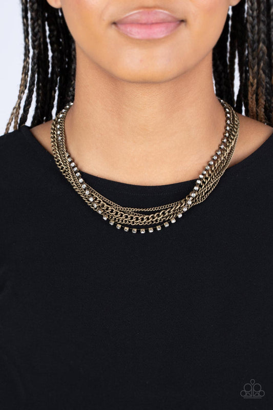 Free to CHAINge My Mind - Brass Chain & White Rhinestone Multi Chain Necklace Paparazzi N1570