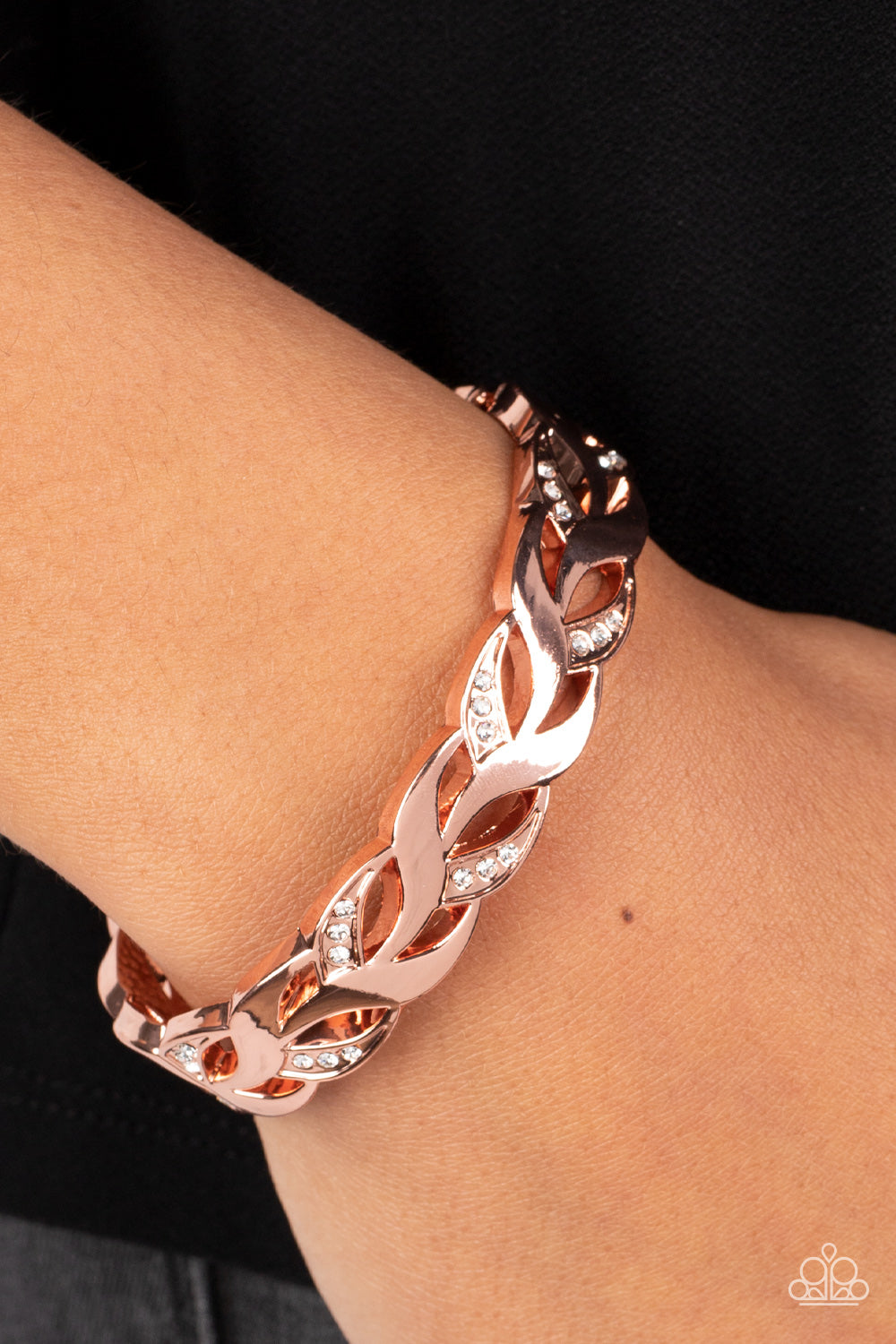 Editor-in-LEAF - Copper- Shiny Copper White Rhinestone Leaf Pattern Hinge Bracelet Paparazzi B1318