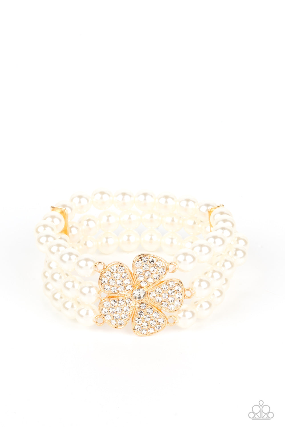 Park Avenue Orchard - Gold Rhinestone Flower & White Pearl Stretch Bracelet Paparazzi