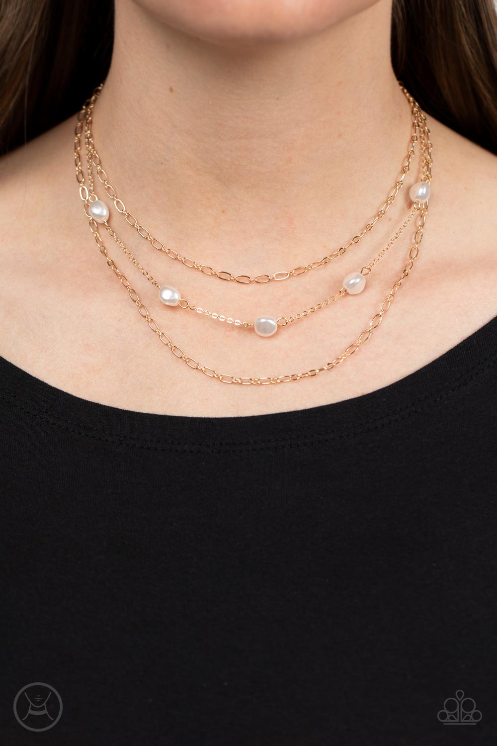 Offshore Oasis - Gold Chain White Pearl Triple Layer Choker Necklace Paparazzi N1402