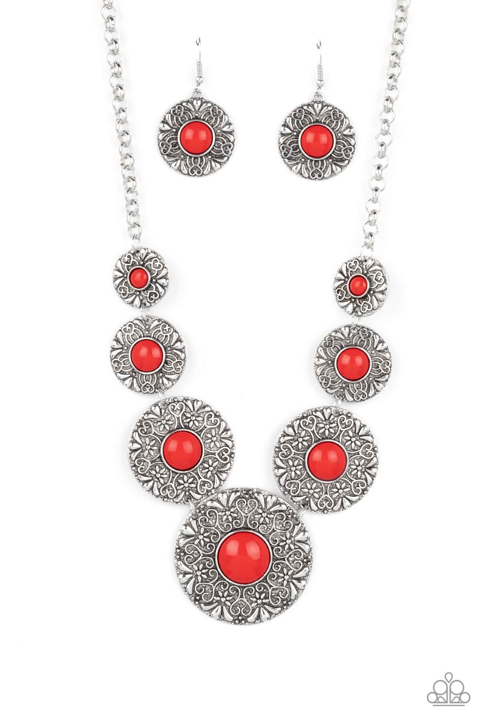 Garden Glade - Red Poinciana Bead & Silver Floral Necklace Paparazzi N1472