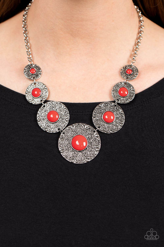 Garden Glade - Red Poinciana Bead & Silver Floral Necklace Paparazzi N1472