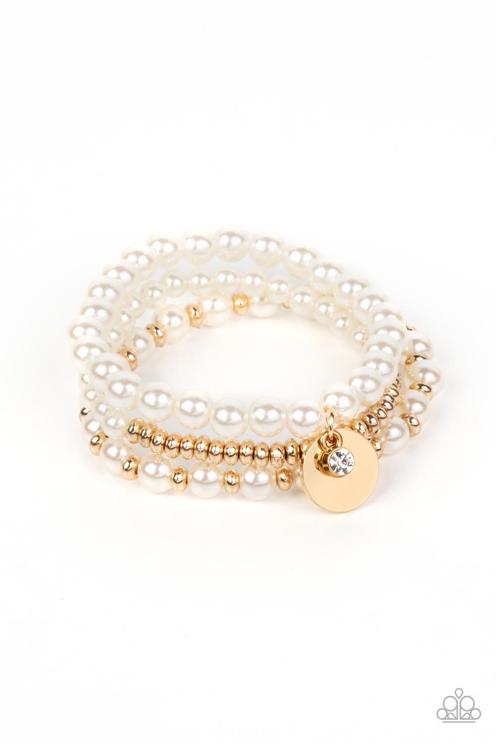 Pearly Professional - Gold Bead & White Pearl Stretch Bracelet Paparazzi B1042