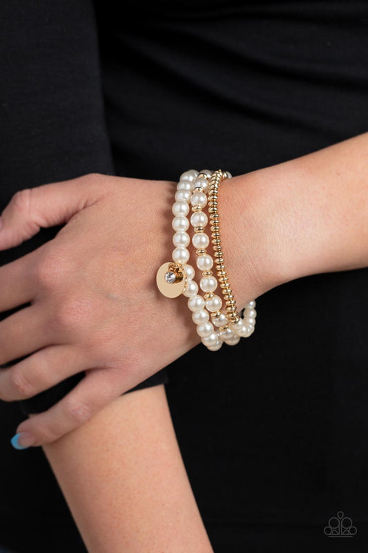 Pearly Professional - Gold Bead & White Pearl Stretch Bracelet Paparazzi B1042