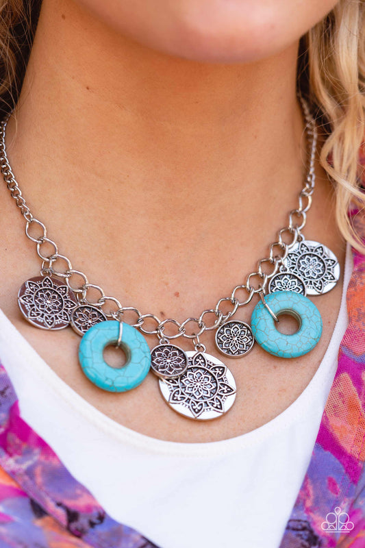 Western Zen - Blue Turquoise Stone Silver Mandala Santa Fe Style Necklace Paparazzi N1048 Convention Exclusive