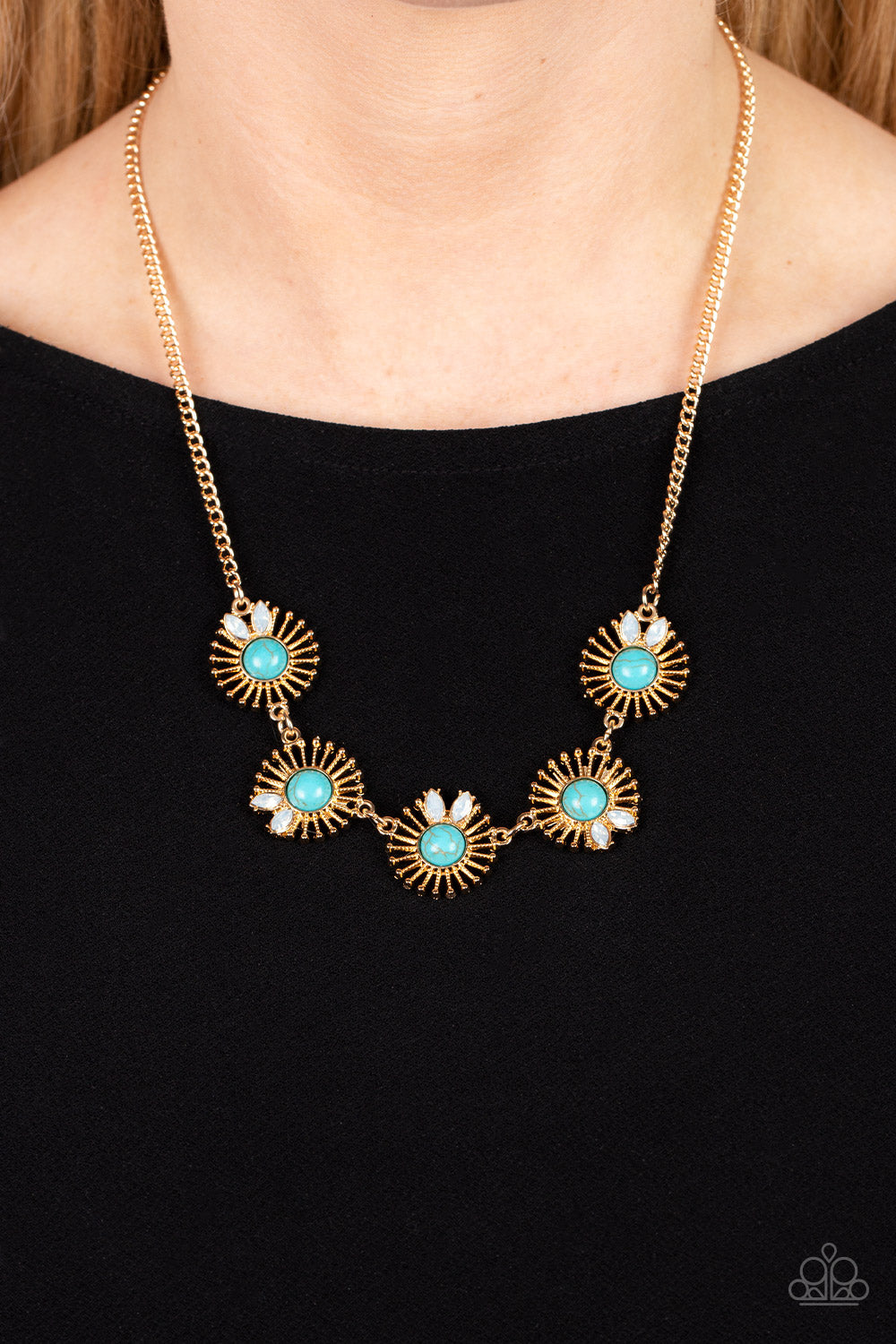 Fully Solar-Powered - Gold Sunburst Frame & Turquoise Stone Santa Fe Style Necklace Paparazzi N1335