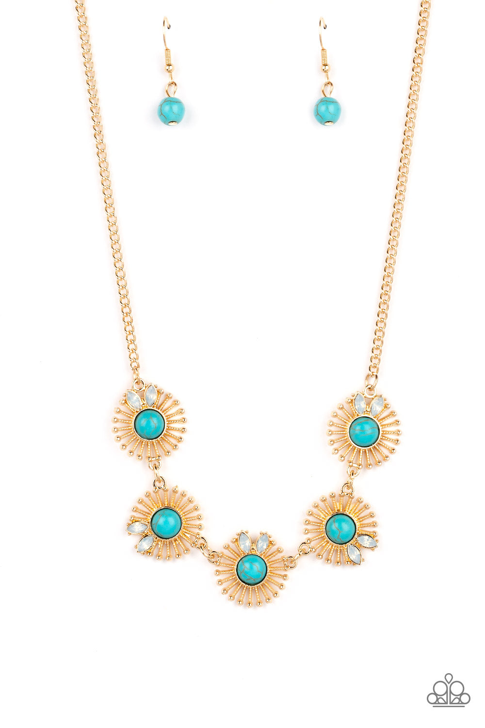 Fully Solar-Powered - Gold Sunburst Frame & Turquoise Stone Santa Fe Style Necklace Paparazzi N1335