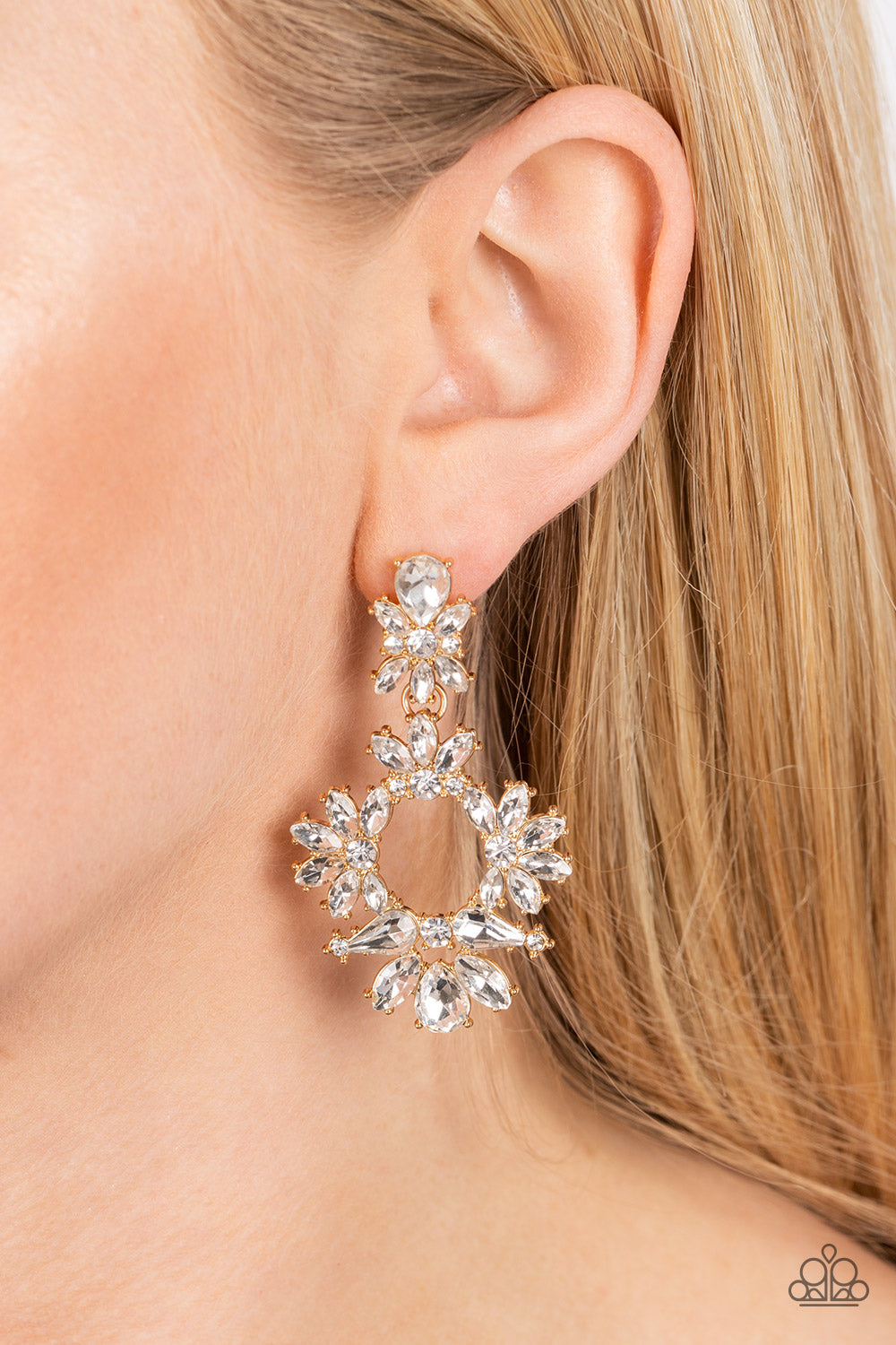 Leave them Speechless - Gold & White Rhinestone Post Earring Paparazzi E1554