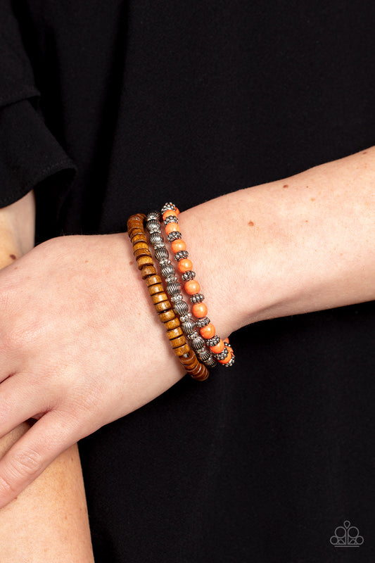 ESCAPADE Route - Orange Stone & Wooden Bead Santa Fe Style Bracelet Paparazzi B0897