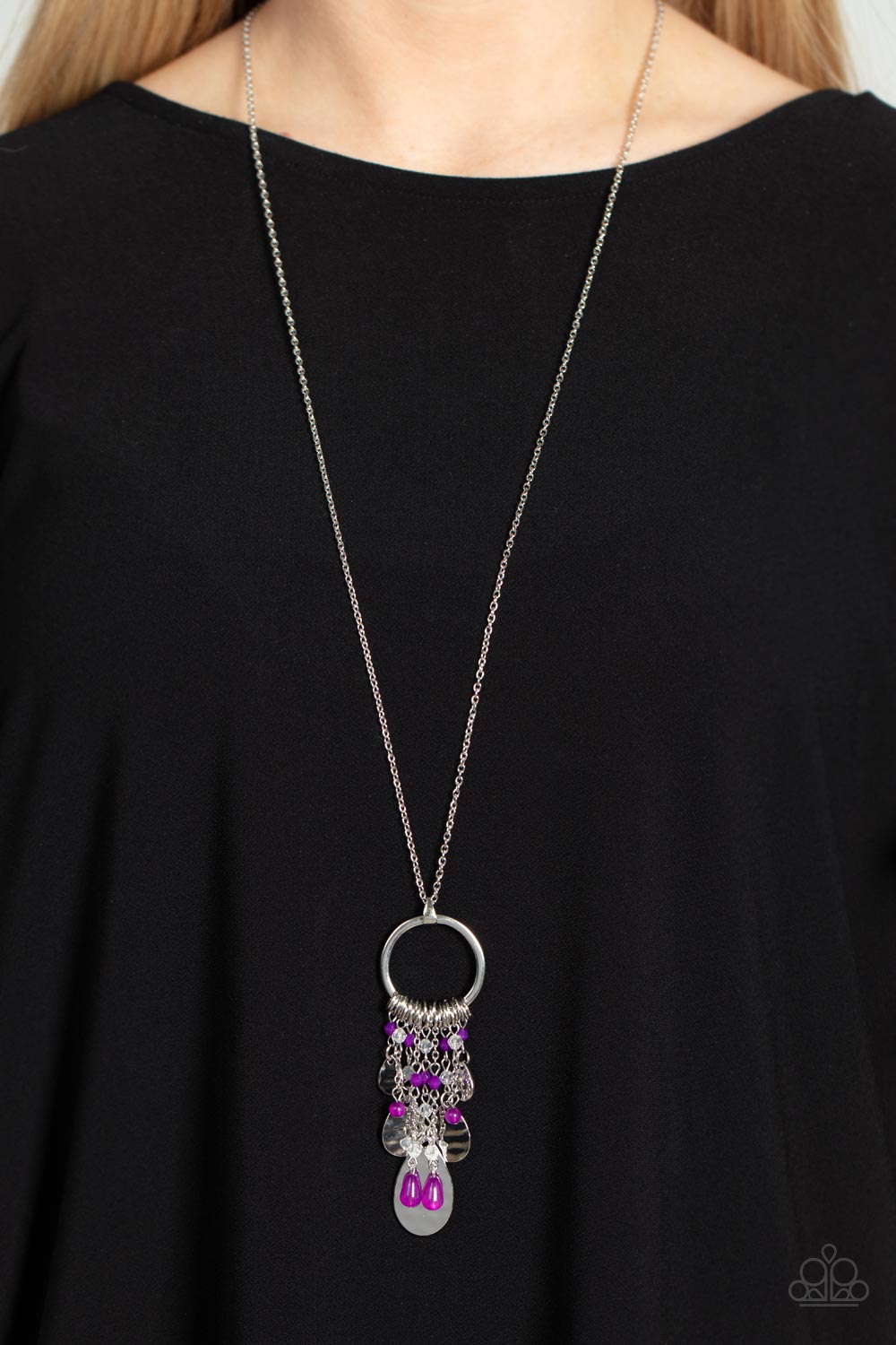 Totally Trolling - Purple Dahlia Hammered Silver Teardrop Long Necklace Paparazzi N1021