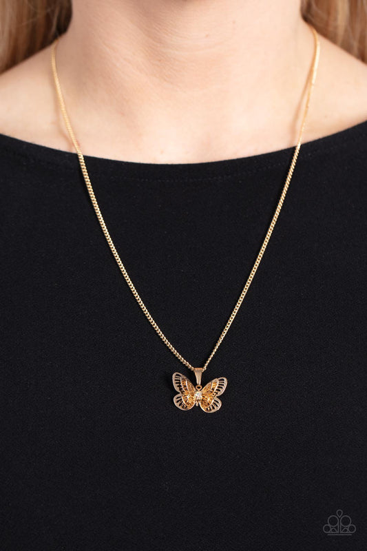 High-Flying Fashion - Multi Iridescent Rhinestone Gold 3-D Butterfly Necklace N1217