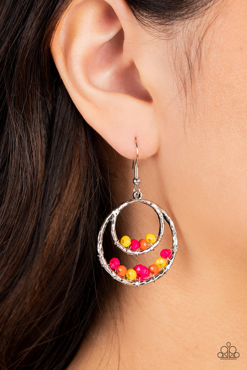 Bustling Beads - Multicolored Yellow & Pink Bead Silver Circle Earring Paparazzi E1137