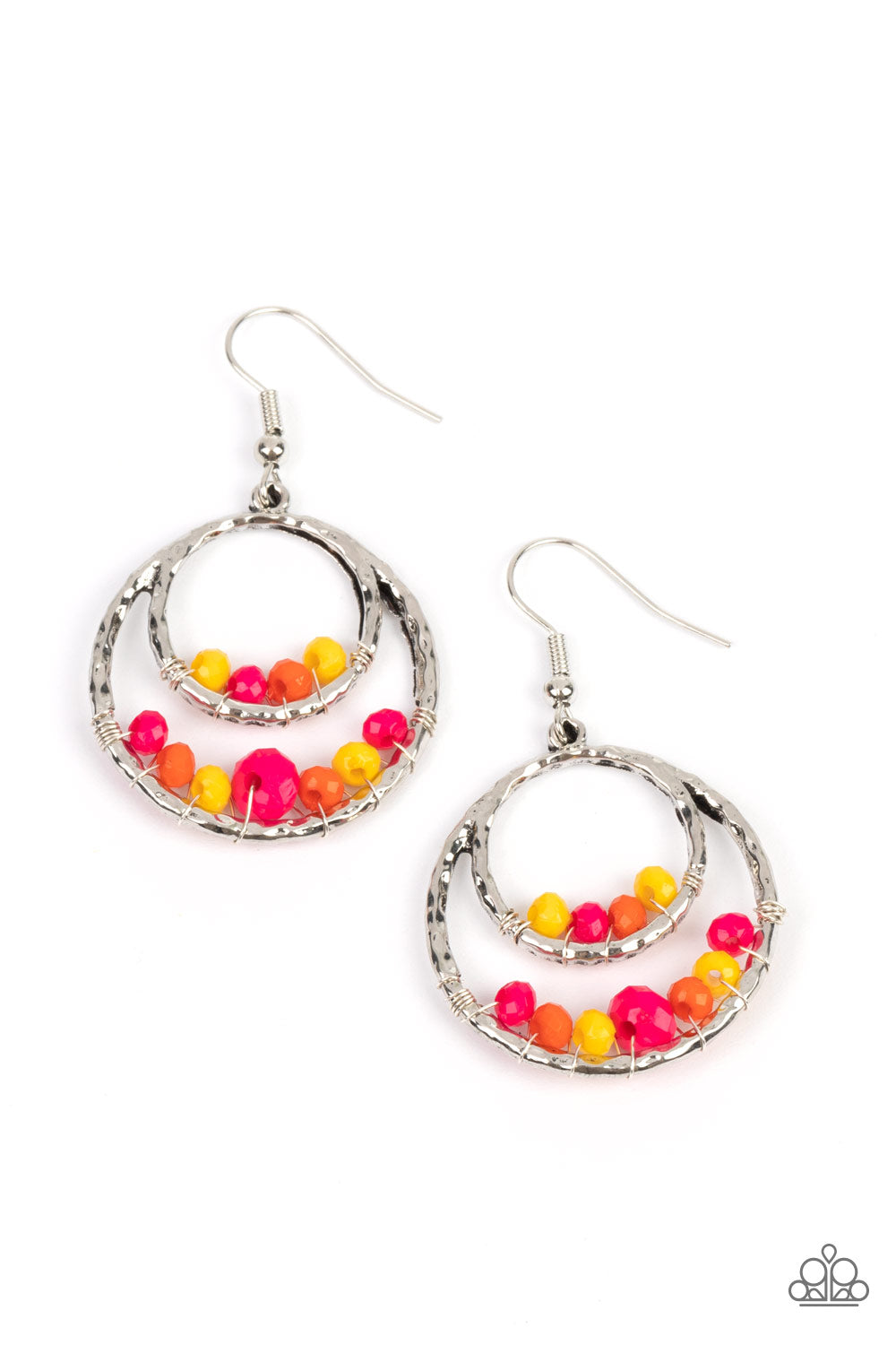 Bustling Beads - Multicolored Yellow & Pink Bead Silver Circle Earring Paparazzi E1137