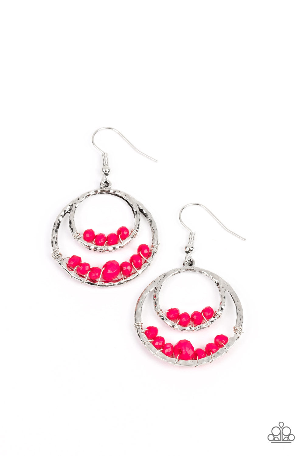 Bustling Beads - Pink Bead & Hammered Silver Earring Paparazzi E1365