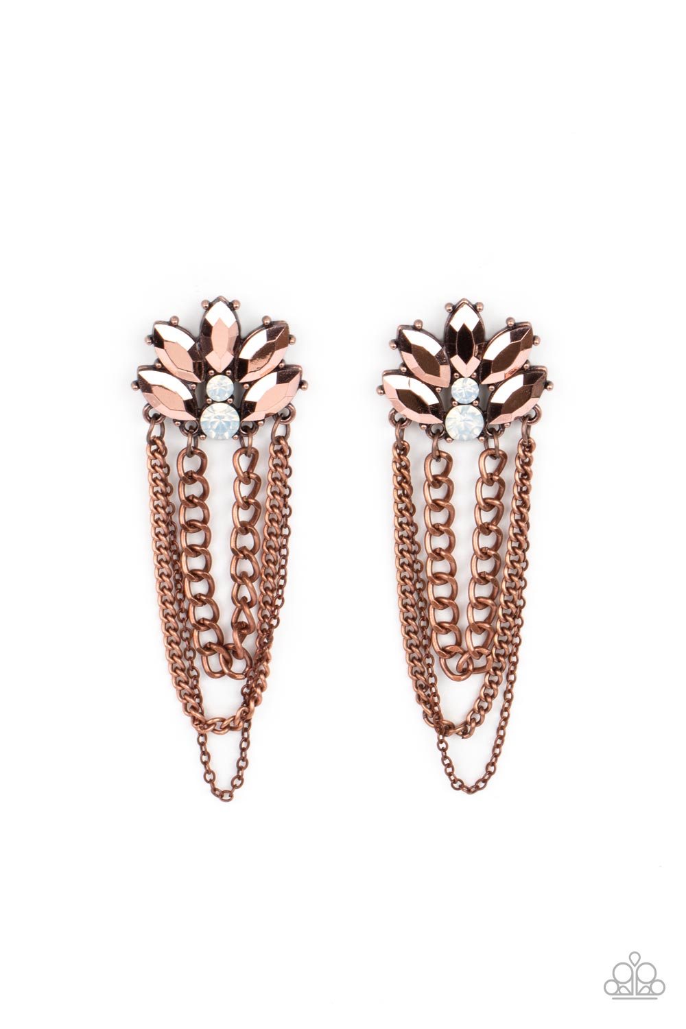 Reach for the SKYSCRAPERS - Copper Metallic Finish Beads & White Rhinestone Post Earring Paparazzi E1409