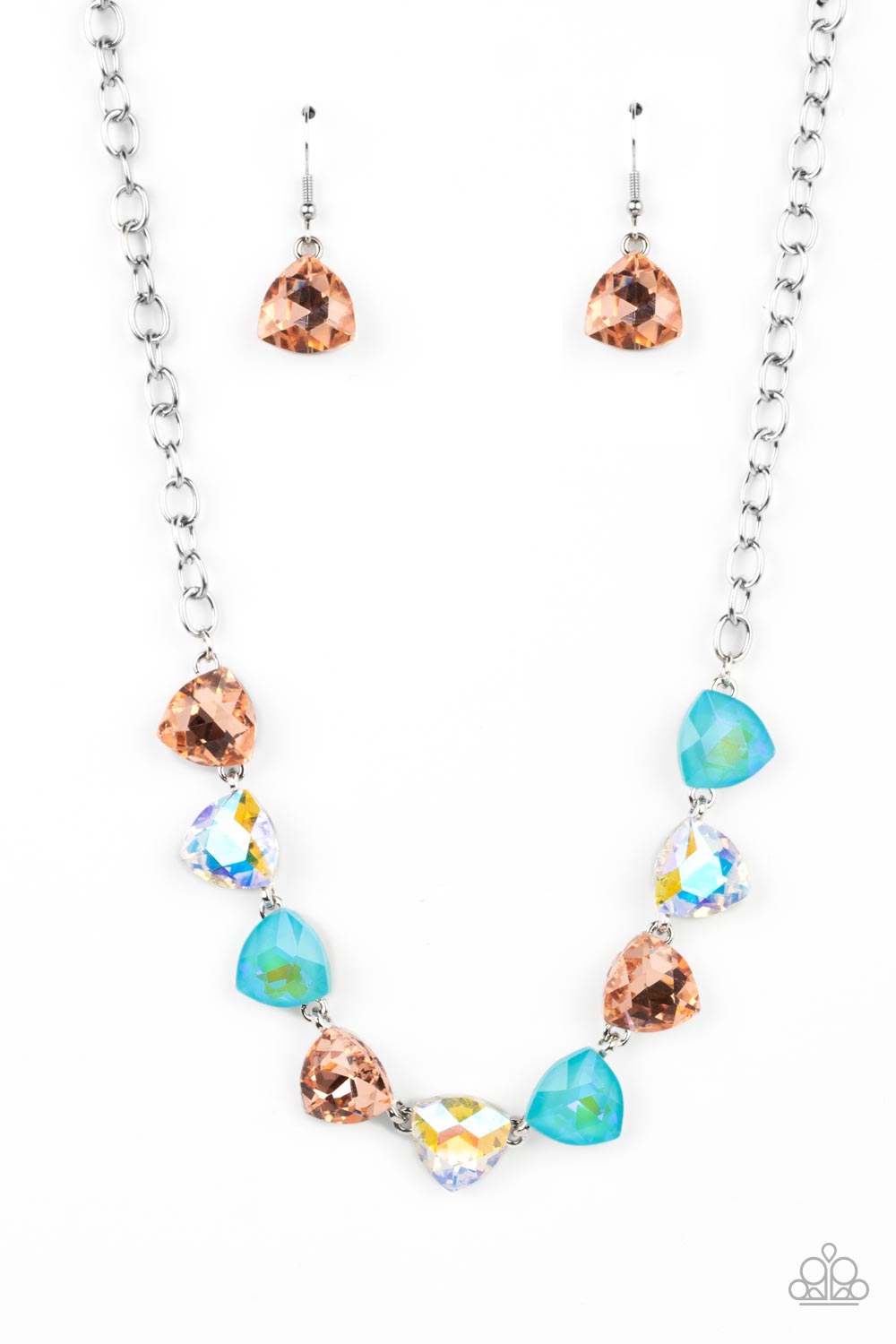 Dreamy Drama - Orange & Blue Trilliant Cut Rhinestone Necklace Paparazzi N1429