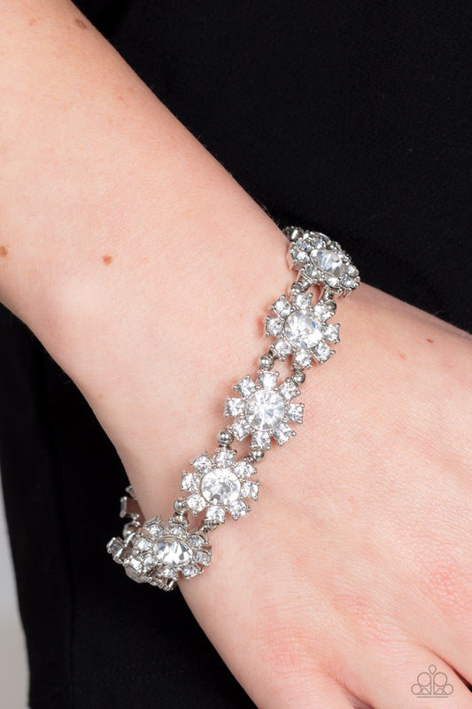 Premium Perennial - White Rhinestone Silver Flower Bracelet Paparazzi B0117