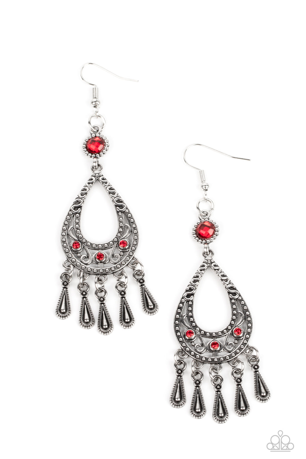 Viva la DIVA - Red Teardrop Filigree Rhinestone Earring Paparazzi E1008