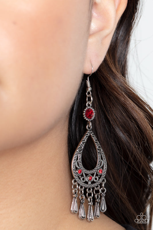 Viva la DIVA - Red Teardrop Filigree Rhinestone Earring Paparazzi E1008